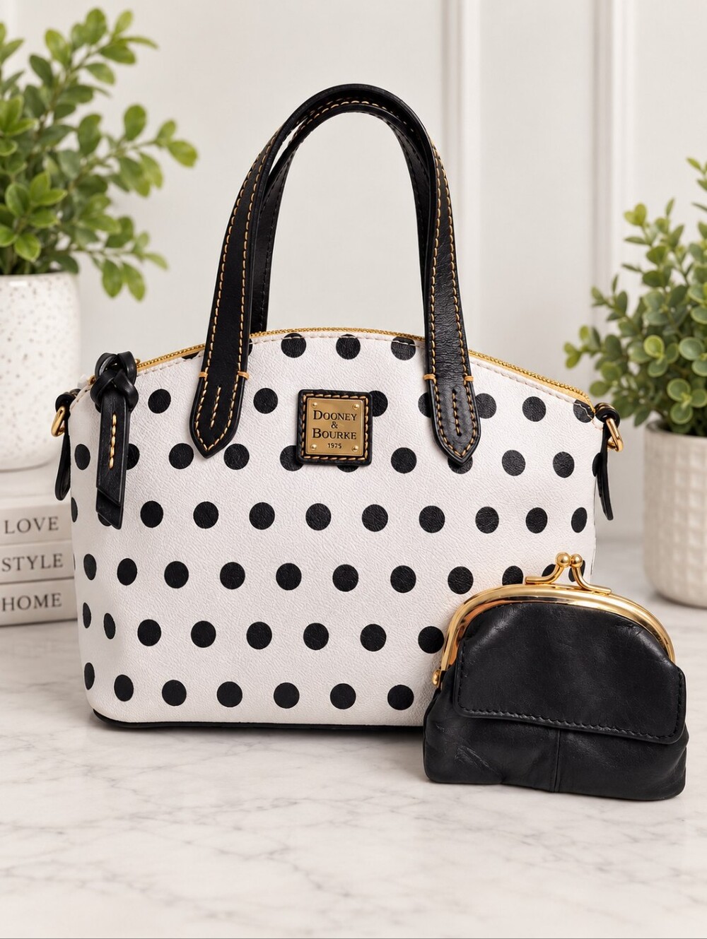 Dooney & Bourke Black White Polka Dot Satchel Handbag + Leather Wallet